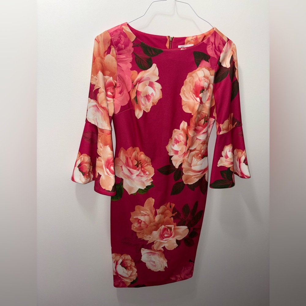 Calvin Klein Long Sleeve Fitted Floral Dress